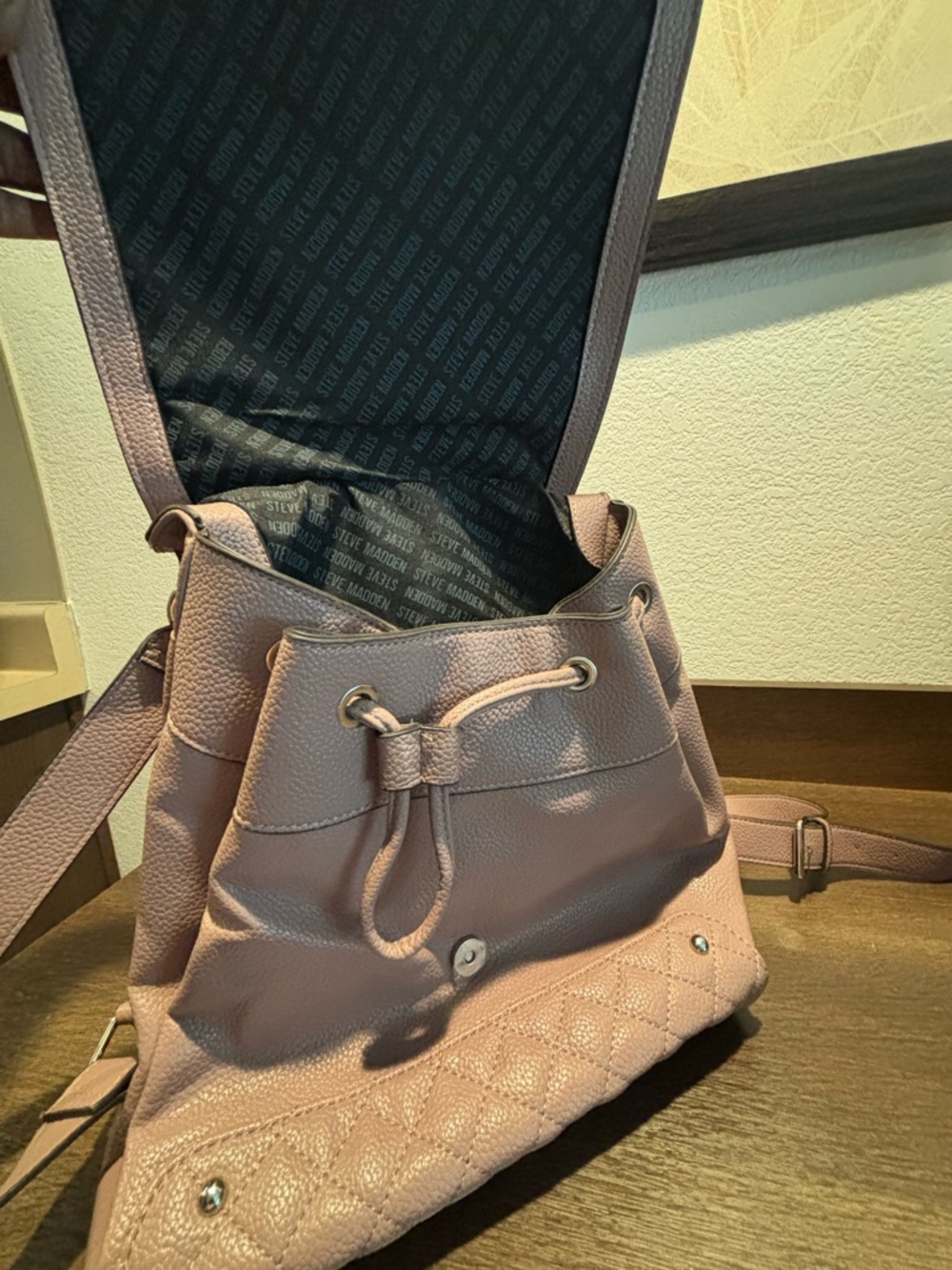 Steve Madden Quilted Drawstring Bucket Crossbody in Dusty Rose